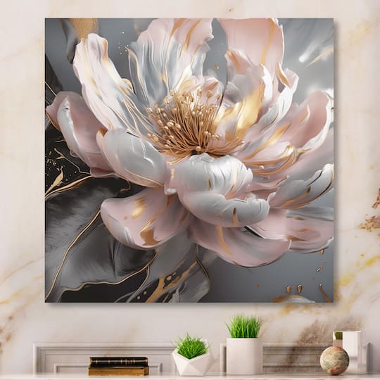 Designart "Marble Pink Gold Peony Flower Iii" Floral Peony Canvas Print